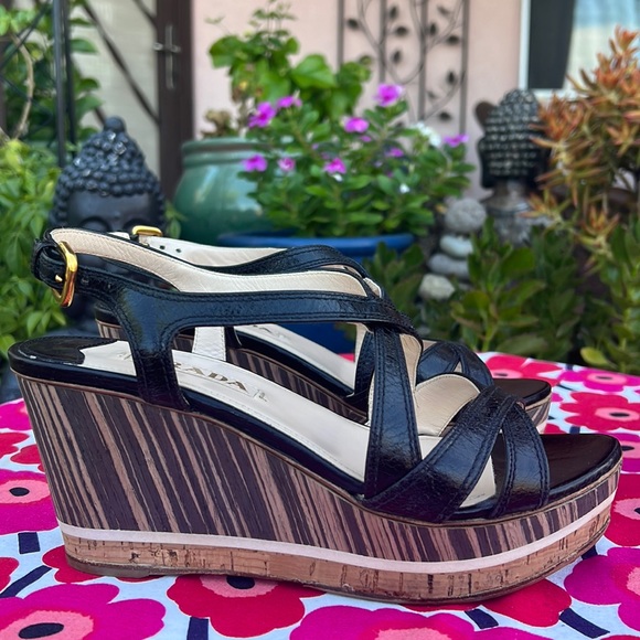 Prada Black Leather Platform Ankle Strap Wedge Sandals EU 38 - Picture 4 of 16